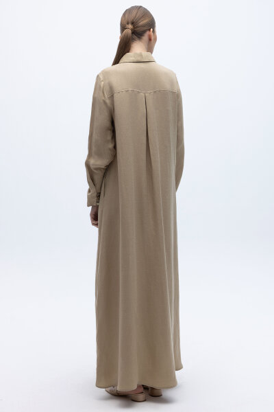 Gömlek Yaka İpek Keten Uzun Elbise Mink - 5