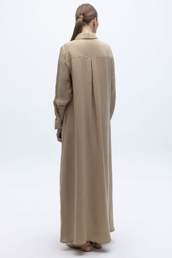 Gömlek Yaka İpek Keten Uzun Elbise Mink - 5