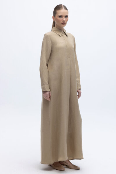 Gömlek Yaka İpek Keten Uzun Elbise Mink - 6