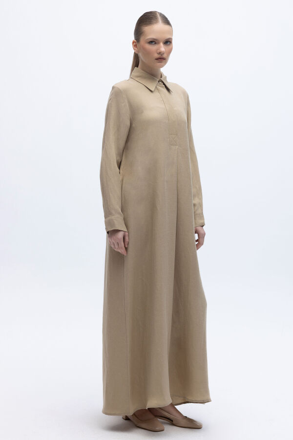 Gömlek Yaka İpek Keten Uzun Elbise Mink - 6