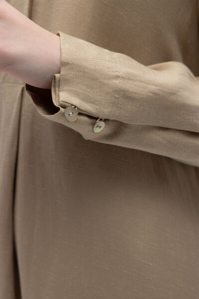 Gömlek Yaka İpek Keten Uzun Elbise Mink - 7