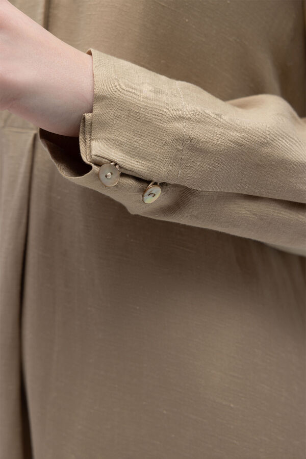 Gömlek Yaka İpek Keten Uzun Elbise Mink - 7