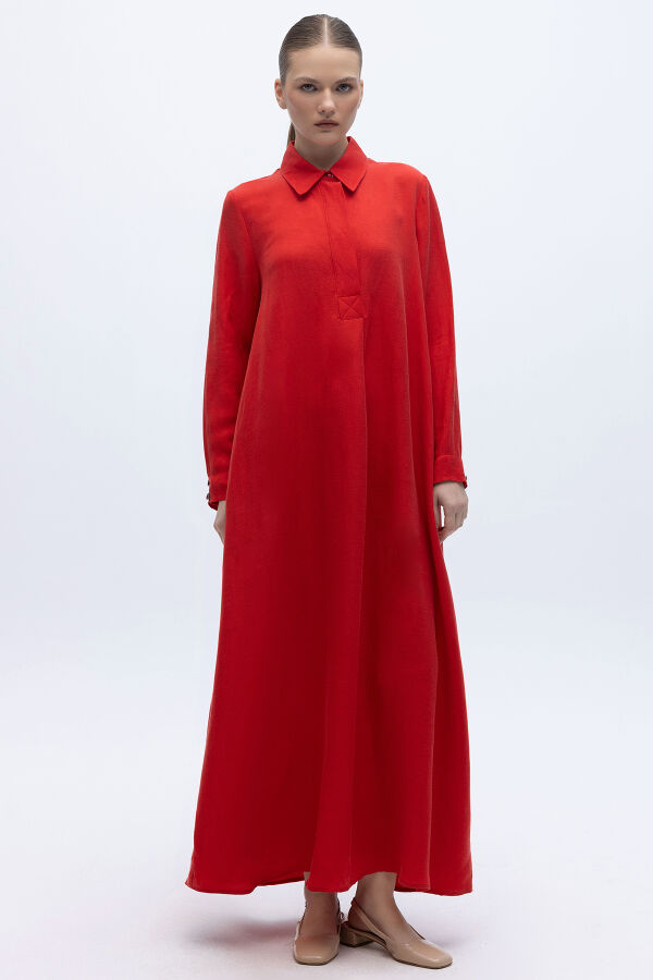 Gömlek Yaka İpek Keten Uzun Elbise Kırmızı - 1