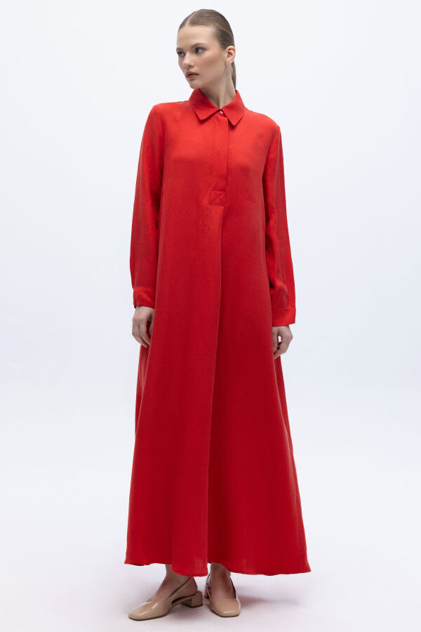Gömlek Yaka İpek Keten Uzun Elbise Kırmızı - 2