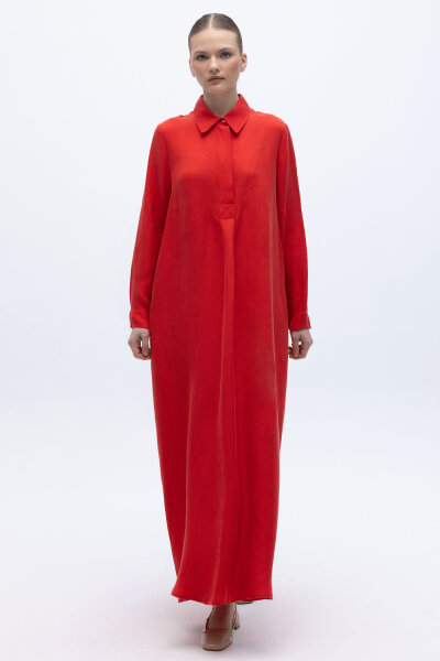 Gömlek Yaka İpek Keten Uzun Elbise Kırmızı - 3