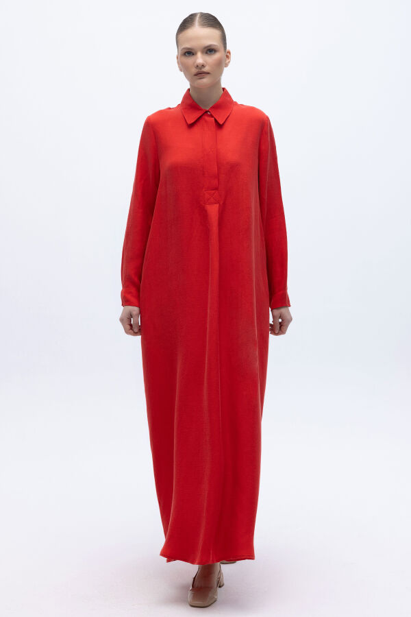 Gömlek Yaka İpek Keten Uzun Elbise Kırmızı - 3