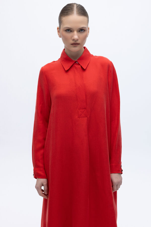 Gömlek Yaka İpek Keten Uzun Elbise Kırmızı - 4