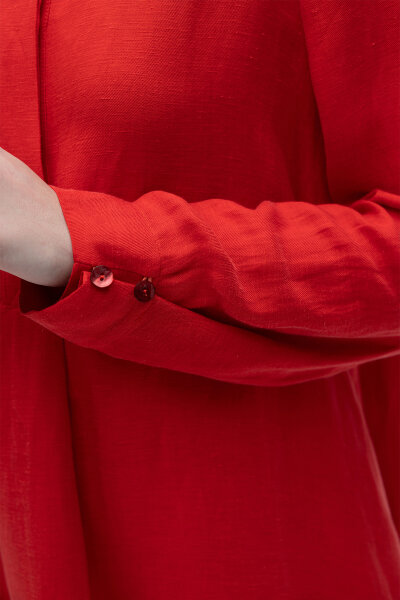 Gömlek Yaka İpek Keten Uzun Elbise Kırmızı - 5