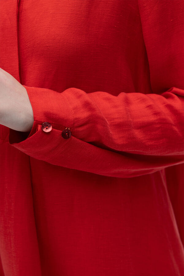 Gömlek Yaka İpek Keten Uzun Elbise Kırmızı - 5