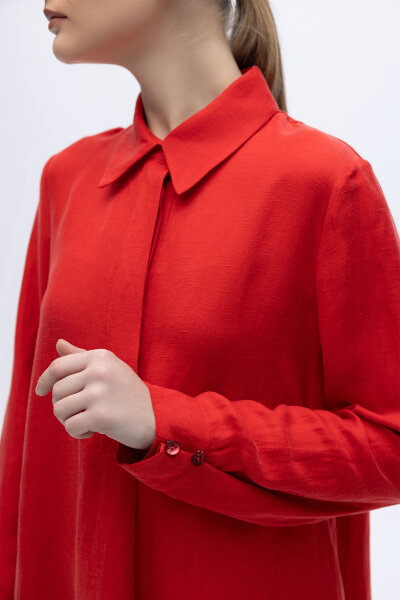 Gömlek Yaka İpek Keten Uzun Elbise Kırmızı - 6