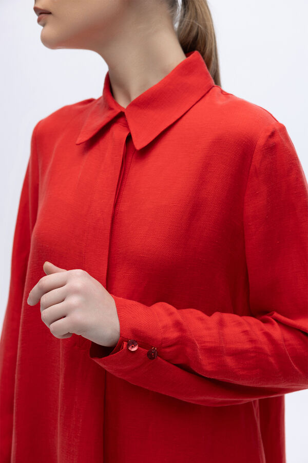 Gömlek Yaka İpek Keten Uzun Elbise Kırmızı - 6