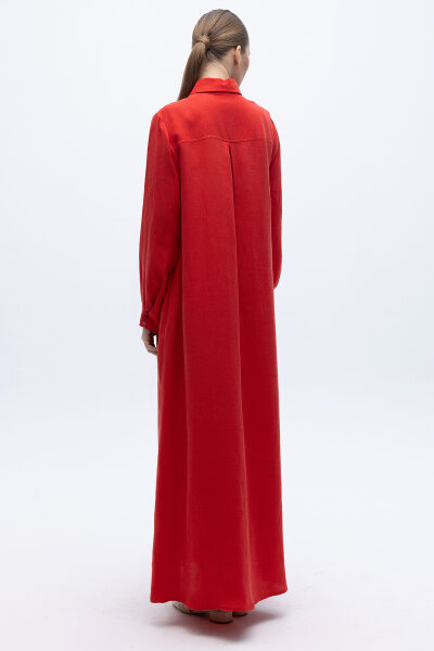 Gömlek Yaka İpek Keten Uzun Elbise Kırmızı - 7