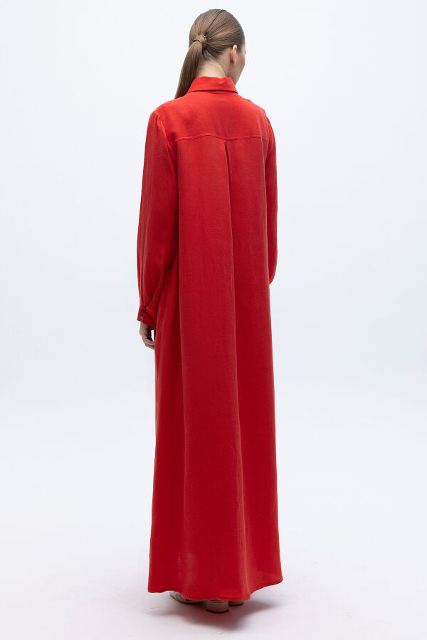 Gömlek Yaka İpek Keten Uzun Elbise Kırmızı - 7