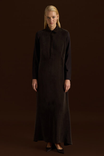 Shirt Collar Embroidered Cupro Dress 