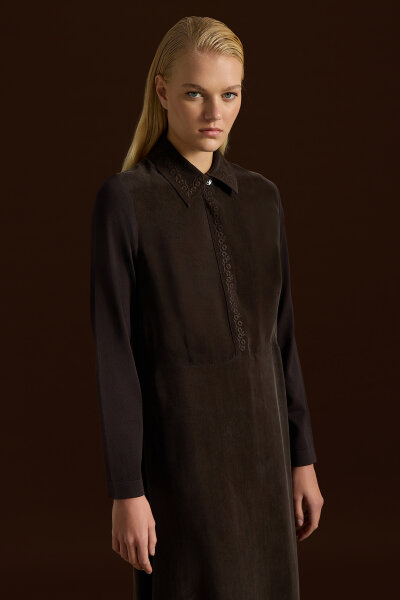 Shirt Collar Embroidered Cupro Dress - 2