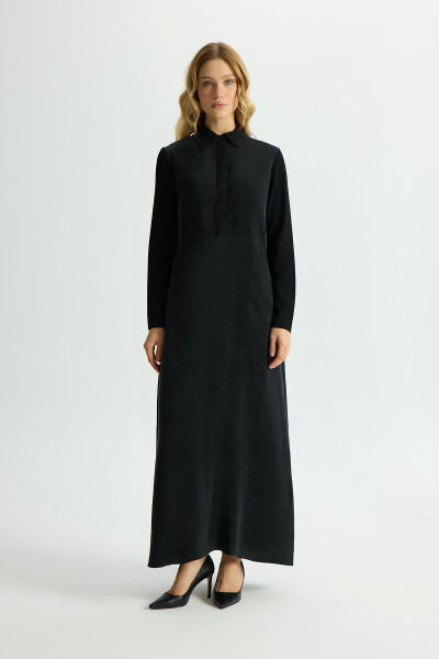 Shirt Collar Embroidered Cupro Dress - 1