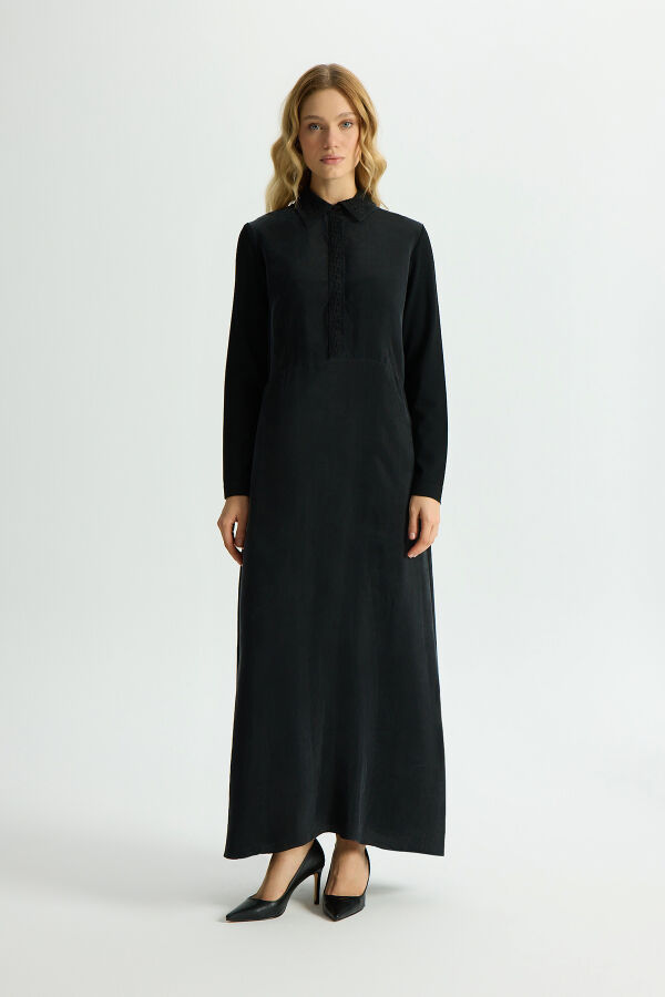 Shirt Collar Embroidered Cupro Dress - 1