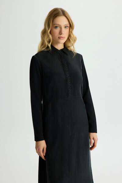Shirt Collar Embroidered Cupro Dress - 2