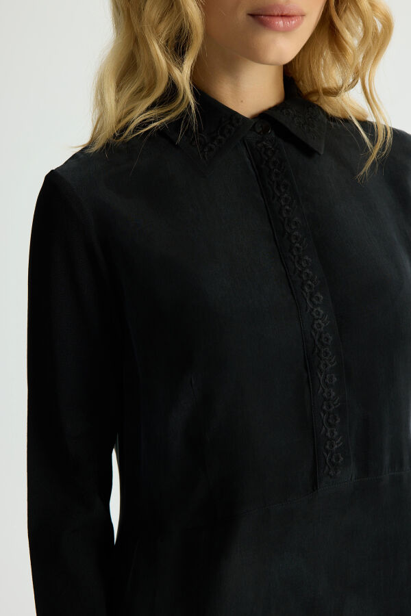 Shirt Collar Embroidered Cupro Dress - 3