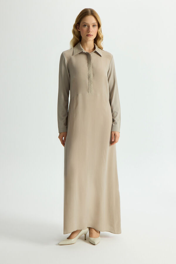Gömlek Yaka Nakışlı Cupro Elbise Stone - 1