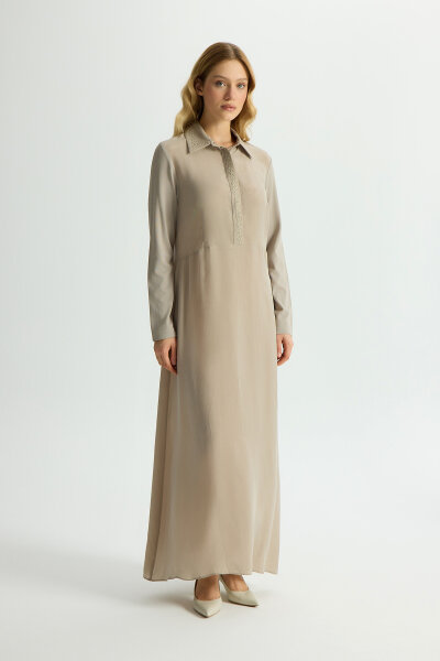 Gömlek Yaka Nakışlı Cupro Elbise Stone - 2