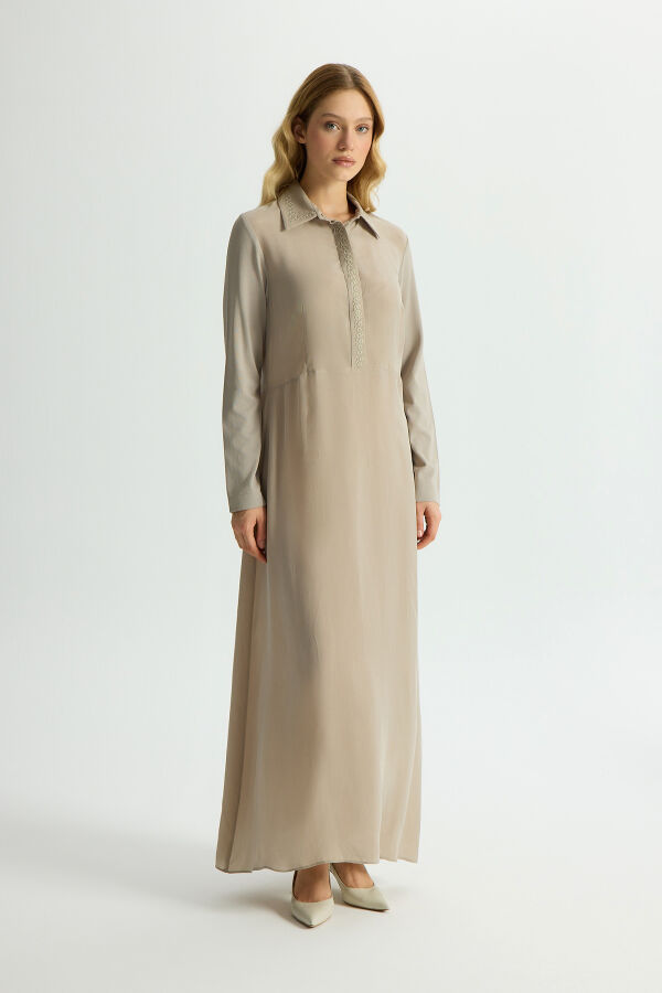 Gömlek Yaka Nakışlı Cupro Elbise Stone - 2