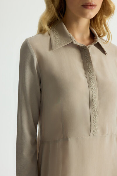 Gömlek Yaka Nakışlı Cupro Elbise Stone - 4