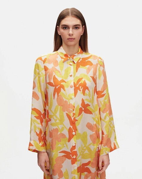 Shirt Collar Colorful Patterned Long Linen Jacket - 2