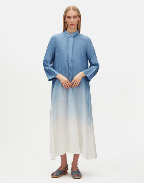 Gradient Shirt Collar Linen Dress - 2
