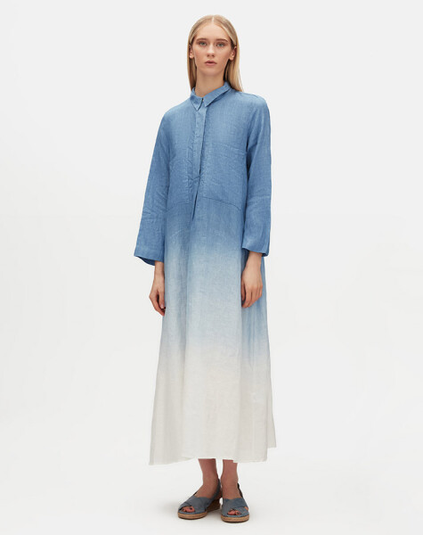 Gradient Shirt Collar Linen Dress - 4