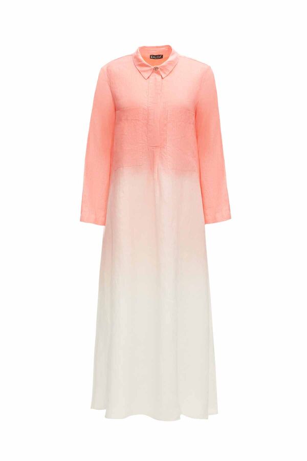 Gradient Shirt Collar Linen Dress - 1