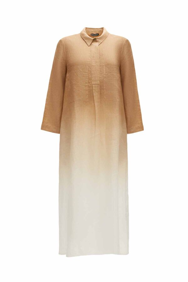 Gradient Shirt Collar Linen Dress - 9