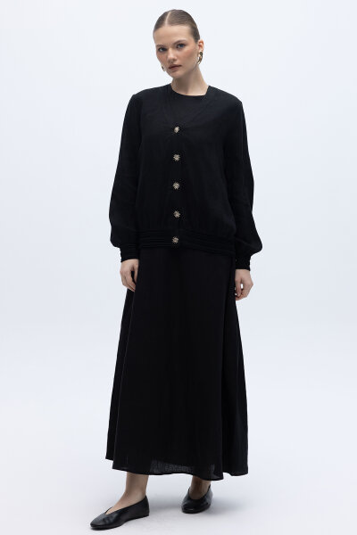 Güneş Düğmeli Elbise Ceket Keten Takım Siyah 