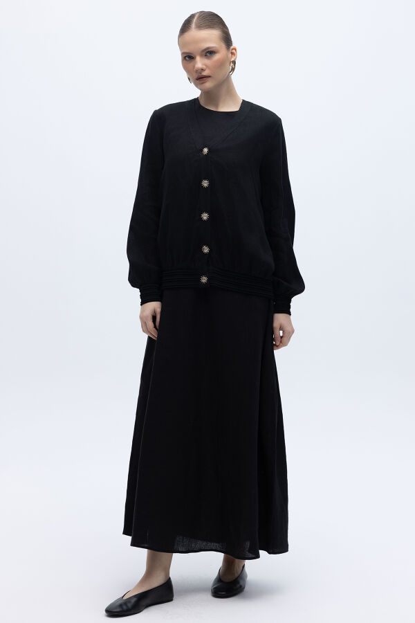 Güneş Düğmeli Elbise Ceket Keten Takım Siyah - 1