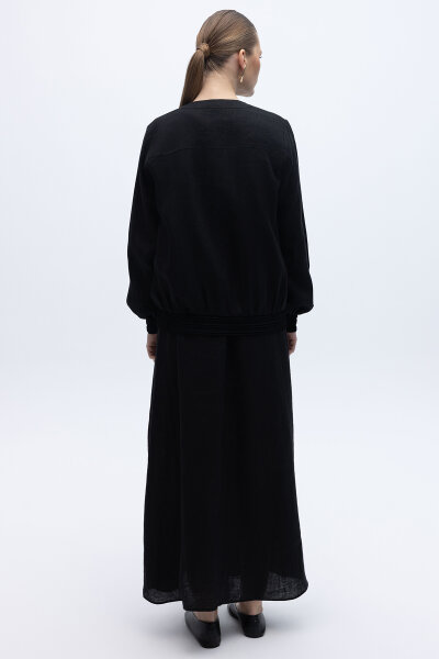 Güneş Düğmeli Elbise Ceket Keten Takım Siyah - 2