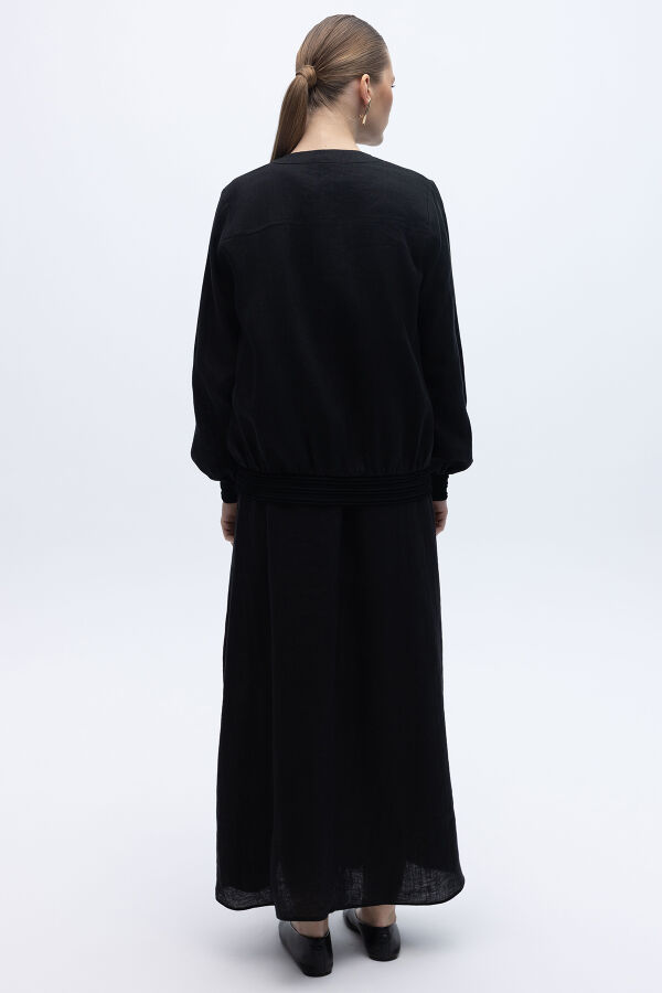 Güneş Düğmeli Elbise Ceket Keten Takım Siyah - 2