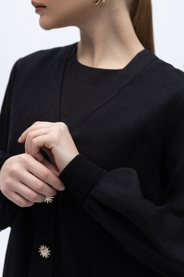 Güneş Düğmeli Elbise Ceket Keten Takım Siyah - 4