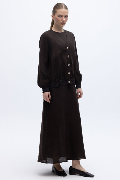 Güneş Düğmeli Elbise Ceket Keten Takım Kahverengi - 3