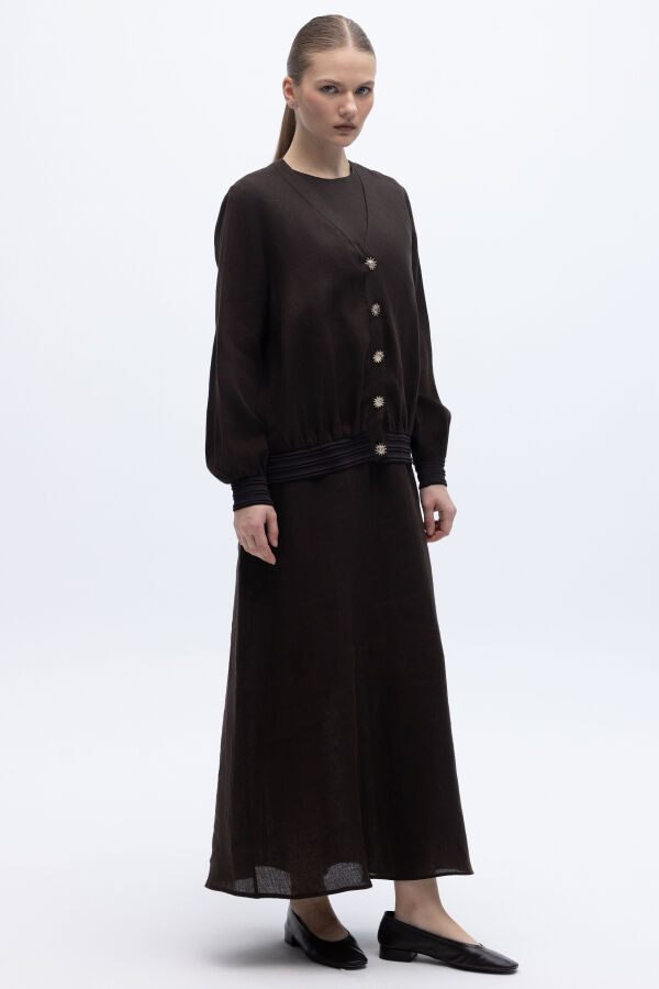 Güneş Düğmeli Elbise Ceket Keten Takım Kahverengi - 3