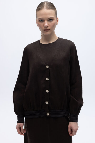 Güneş Düğmeli Elbise Ceket Keten Takım Kahverengi - 4