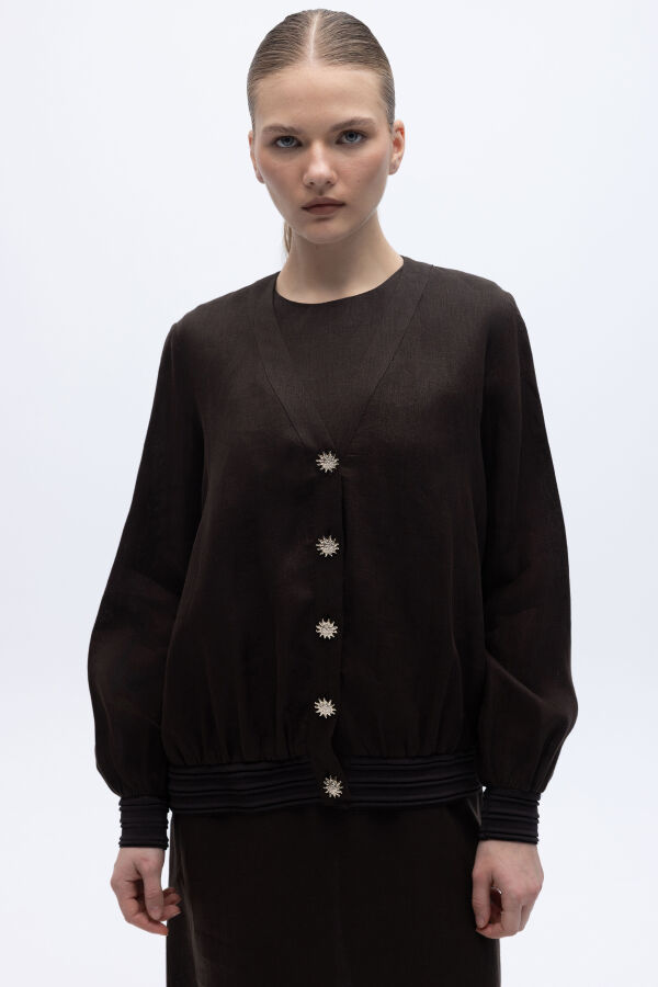 Güneş Düğmeli Elbise Ceket Keten Takım Kahverengi - 4