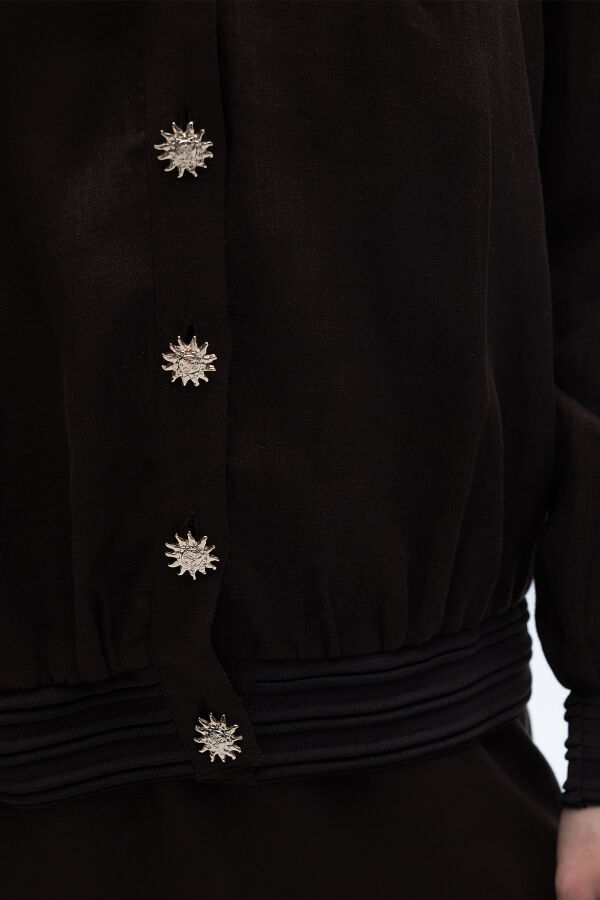 Güneş Düğmeli Elbise Ceket Keten Takım Kahverengi - 5