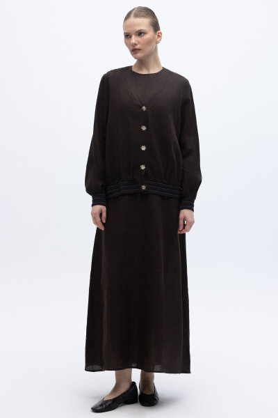 Güneş Düğmeli Elbise Ceket Keten Takım Kahverengi 