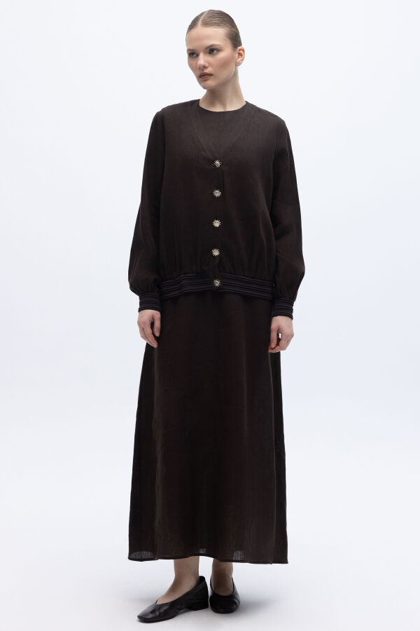 Güneş Düğmeli Elbise Ceket Keten Takım Kahverengi - 1