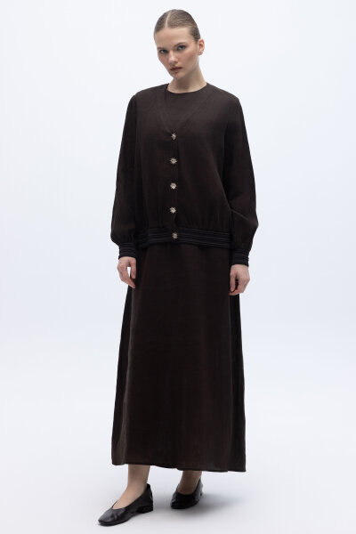 Güneş Düğmeli Elbise Ceket Keten Takım Kahverengi - 6