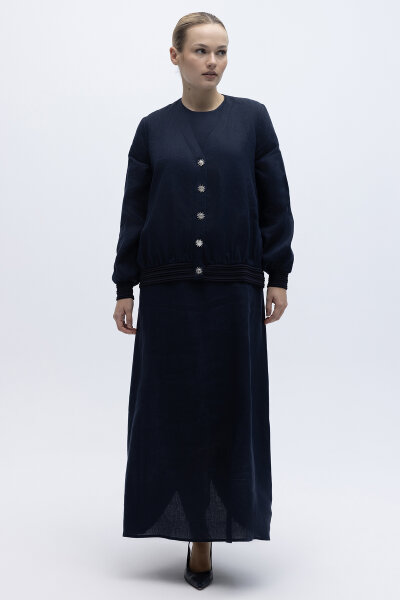 Güneş Düğmeli Elbise Ceket Keten Takım Lacivert - 1