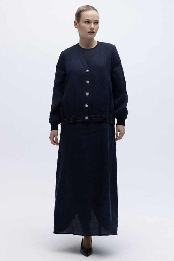 Güneş Düğmeli Elbise Ceket Keten Takım Lacivert - 1