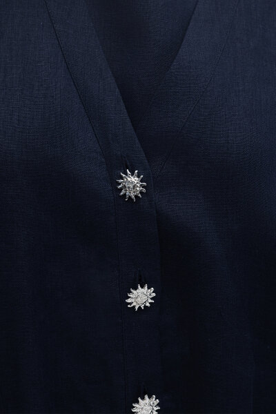 Güneş Düğmeli Elbise Ceket Keten Takım Lacivert - 3