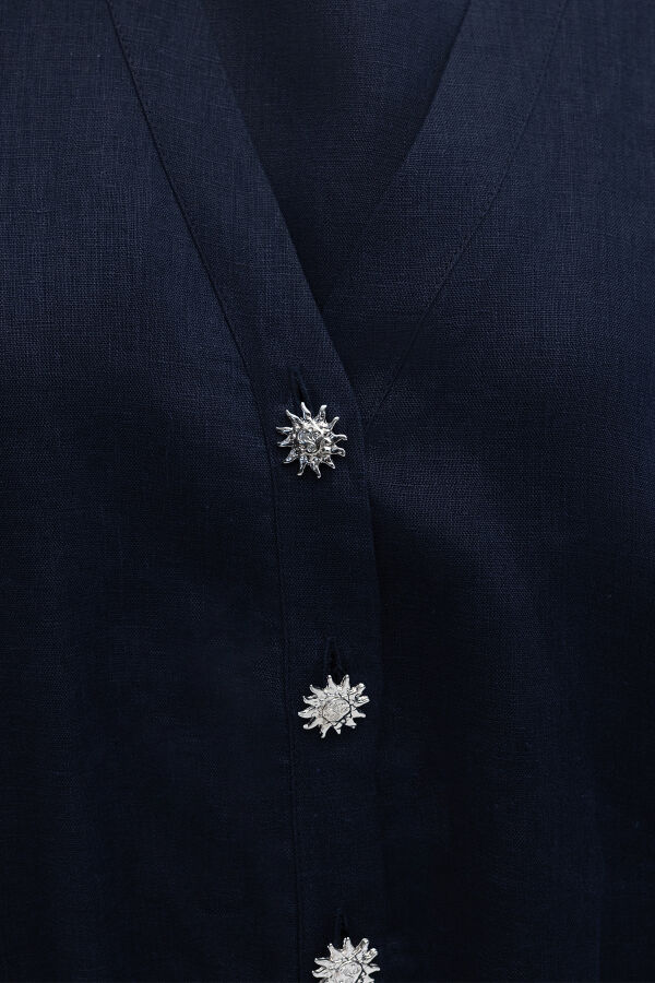 Güneş Düğmeli Elbise Ceket Keten Takım Lacivert - 3