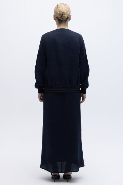 Güneş Düğmeli Elbise Ceket Keten Takım Lacivert - 4